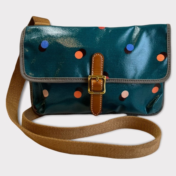 Vintage Fossil Coated Canvas Teal Green Polka Dot Crossbody Bag - Picture 1 of 9